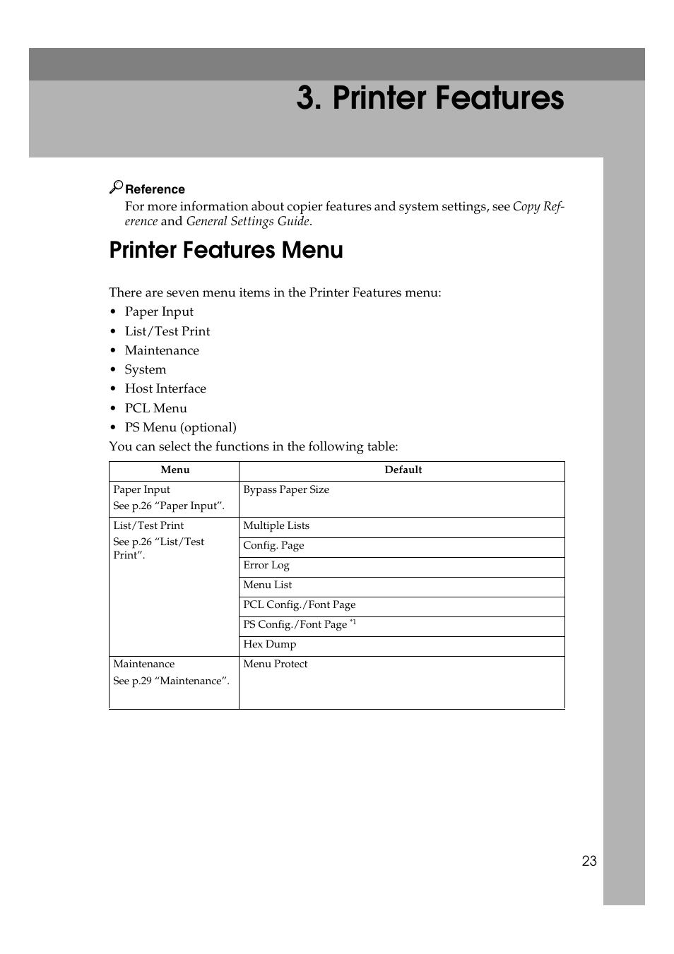 Printer features, Printer features menu | Ricoh Type 2018 User Manual | Page 29 / 54