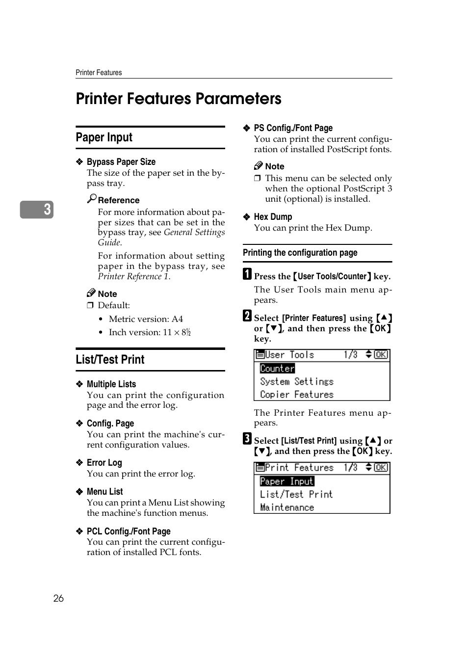 Printer features parameters, Paper input, List/test print | Paper input list/test print, Ee p.26 “paper input, Ee p.26 “list/test print, 3printer features parameters | Ricoh Type 2018 User Manual | Page 32 / 54