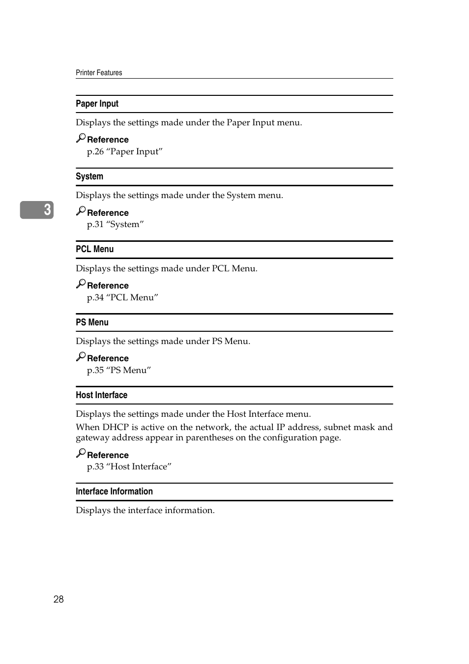 Paper input, System, Pcl menu | Ps menu, Host interface, Interface information | Ricoh Type 2018 User Manual | Page 34 / 54