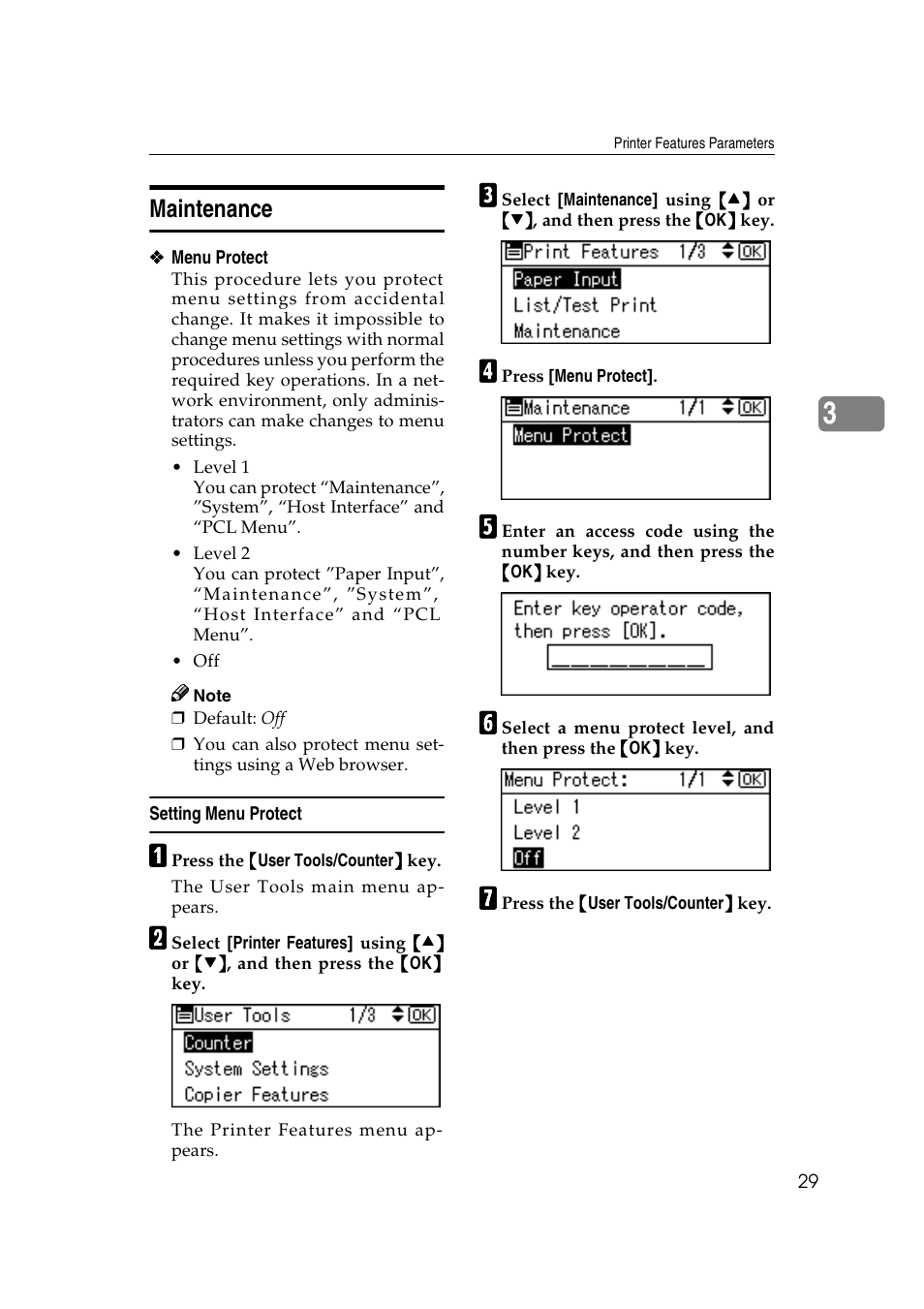 Maintenance, Setting menu protect, Ee p.29 “maintenance | Ricoh Type 2018 User Manual | Page 35 / 54