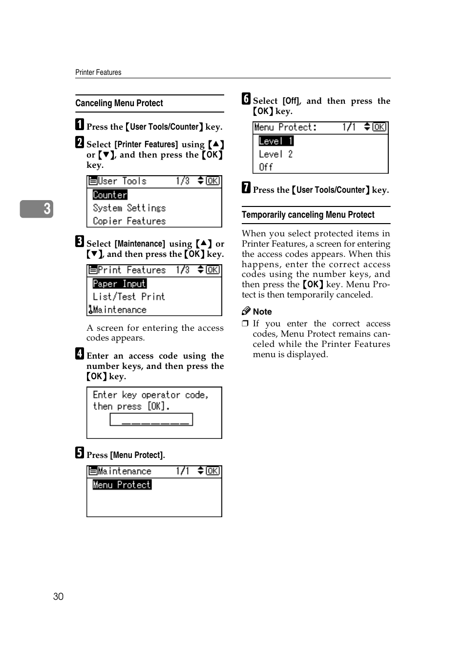 Canceling menu protect, Temporarily canceling menu protect | Ricoh Type 2018 User Manual | Page 36 / 54