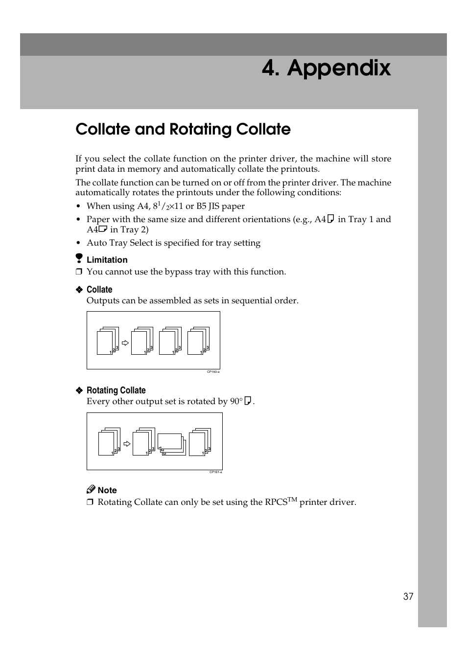 Appendix, Collate and rotating collate, Collate | Rotating collate, You cannot use the bypass tray with this function, Every other output set is rotated by 90° k, Rotating collate can only be set using the rpcs, Printer driver | Ricoh Type 2018 User Manual | Page 43 / 54