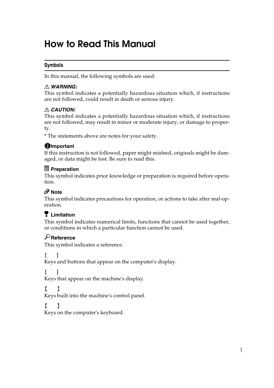 How to read this manual, Symbols | Ricoh Type 2018 User Manual | Page 7 / 54
