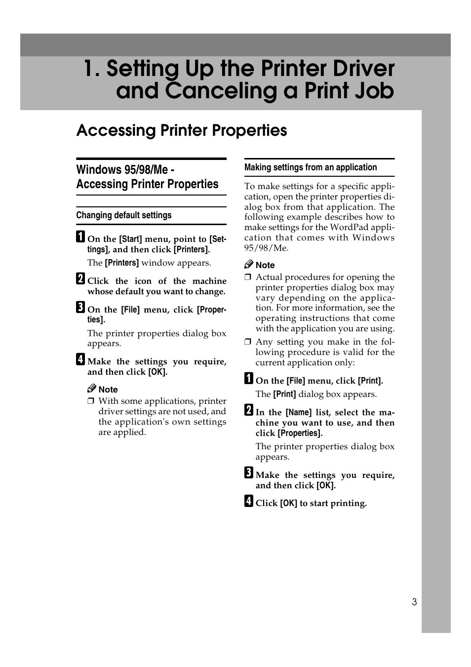 Accessing printer properties, Windows 95/98/me - accessing printer properties, Changing default settings | Making settings from an application | Ricoh Type 2018 User Manual | Page 9 / 54