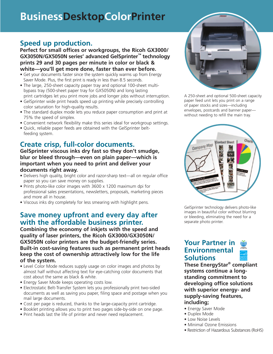 Business desktop color printer, Speed up production, Create crisp, full-color documents | Your partner in environmental solutions | Ricoh Aficio GX5050N User Manual | Page 3 / 4