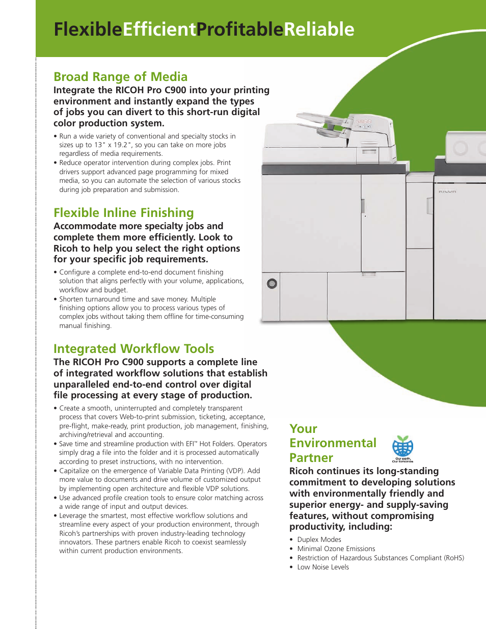Flexible efficient profitable reliable, Broad range of media, Flexible inline finishing | Integrated workflow tools, Your environmental partner | Ricoh Pro C900 User Manual | Page 4 / 6