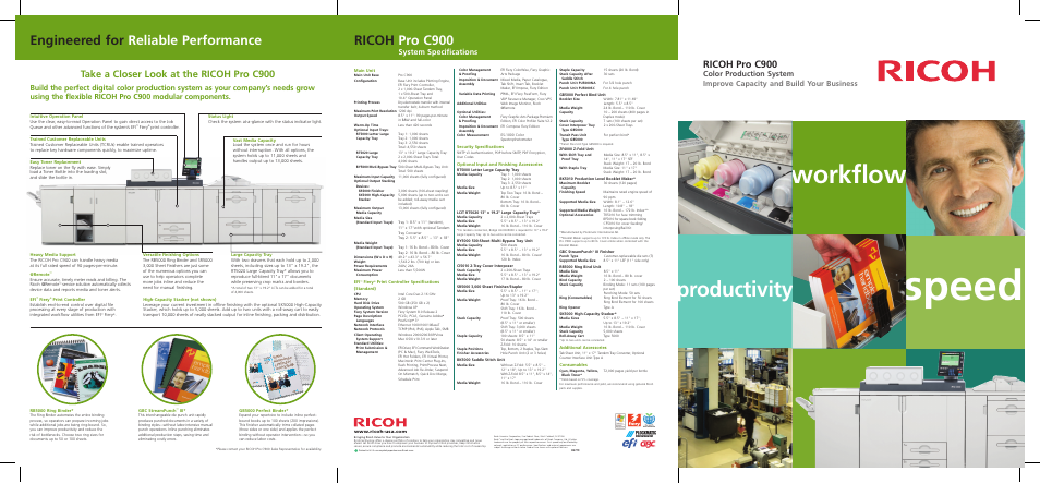 Speed, Workflow, Productivity | Engineered for reliable performance ricoh pro c900, Ricoh pro c900, Take a closer look at the ricoh pro c900, System specifications | Ricoh Pro C900 User Manual | Page 6 / 6