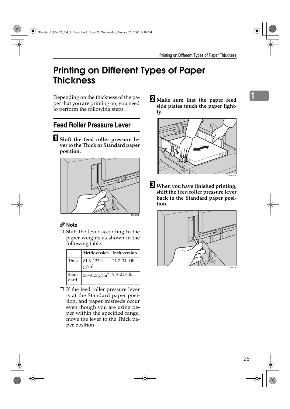 Printing on different types of paper thickness, Feed roller pressure lever, 1printing on different types of paper thickness | Ricoh PRIPORT JP730 User Manual | Page 113 / 171