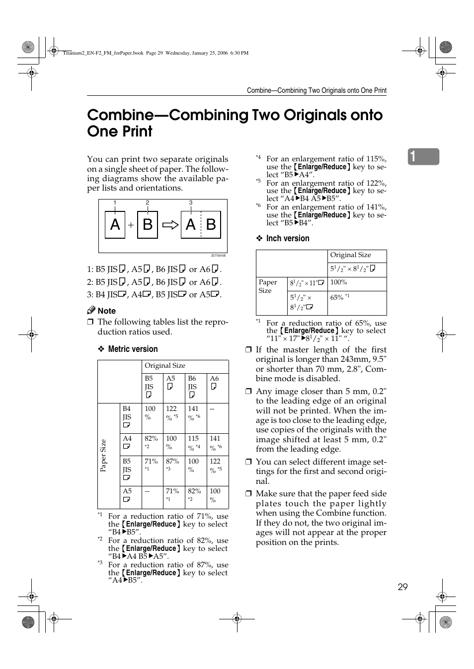 Combine—combining two originals onto one print, Ba a b, 1combine—combining two originals onto one print | Ricoh PRIPORT JP730 User Manual | Page 117 / 171