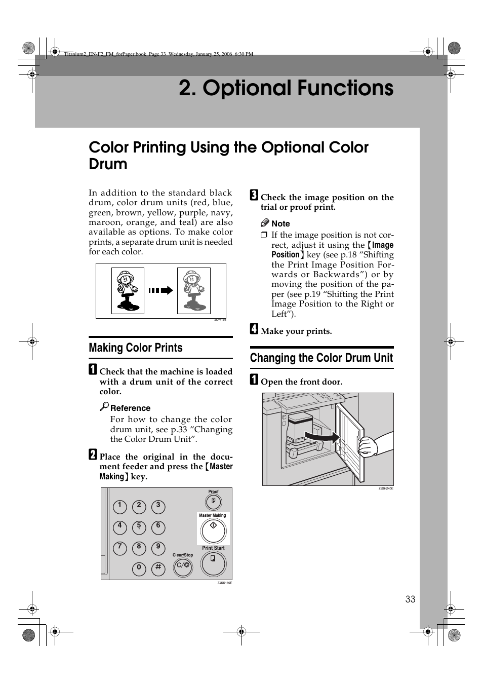 Optional functions, Color printing using the optional color drum, Making color prints changing the color drum unit | Ricoh PRIPORT JP730 User Manual | Page 121 / 171