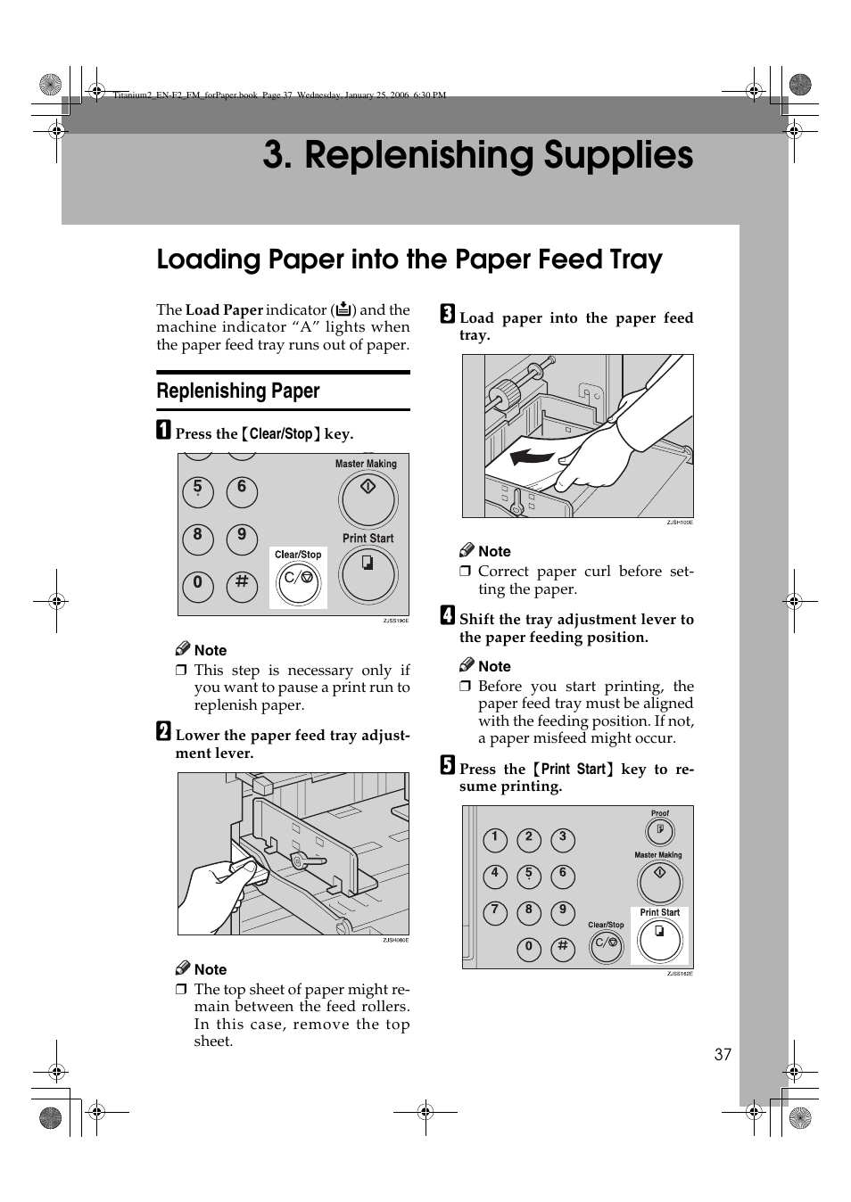 Replenishing supplies, Loading paper into the paper feed tray, Replenishing paper | Ricoh PRIPORT JP730 User Manual | Page 125 / 171