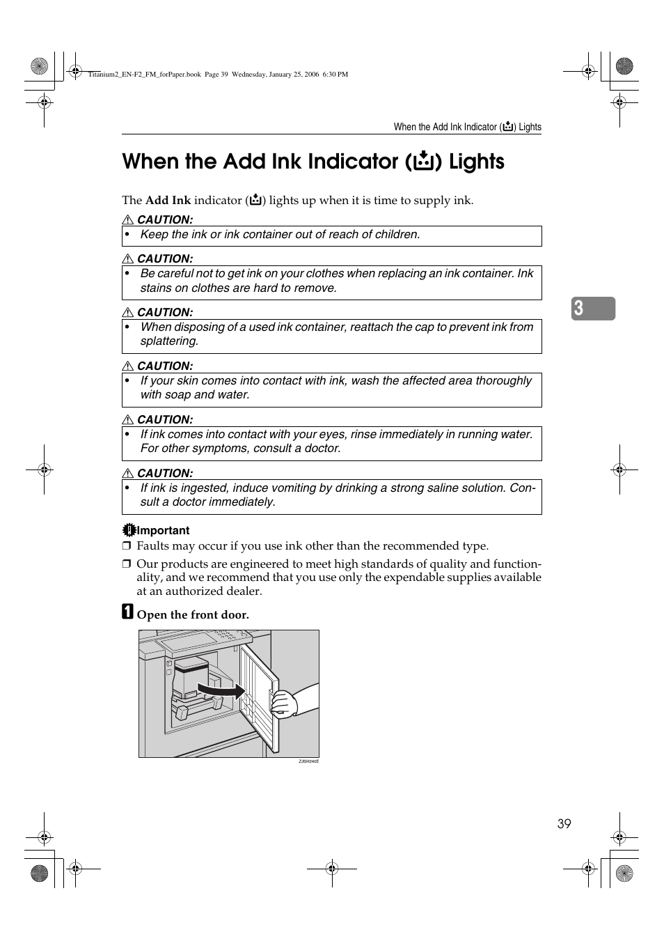 When the add ink indicator lights, 3when the add ink indicator ( j ) lights | Ricoh PRIPORT JP730 User Manual | Page 127 / 171