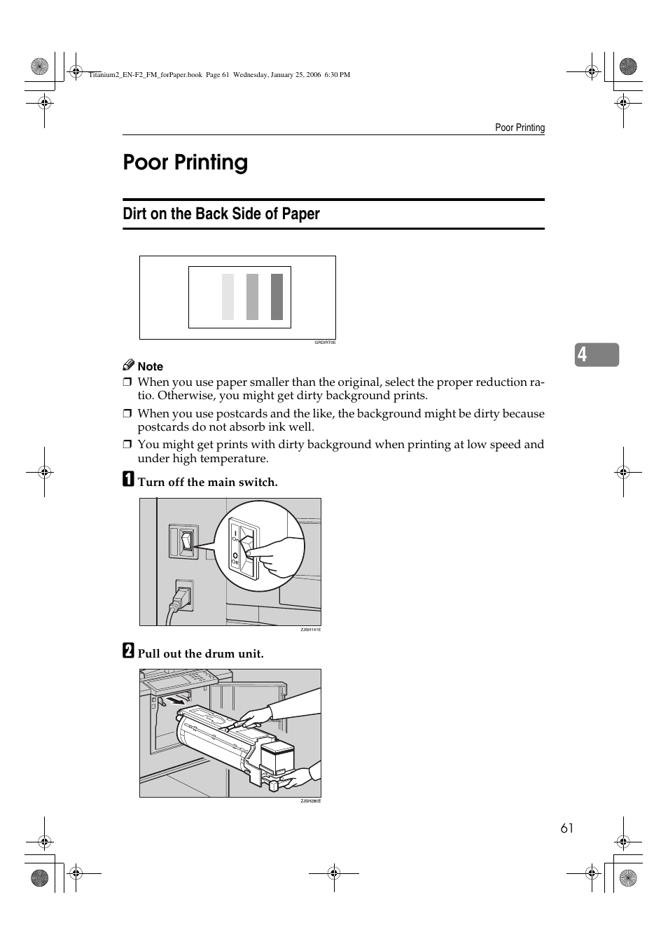 Poor printing, Dirt on the back side of paper, 4poor printing | Ricoh PRIPORT JP730 User Manual | Page 149 / 171