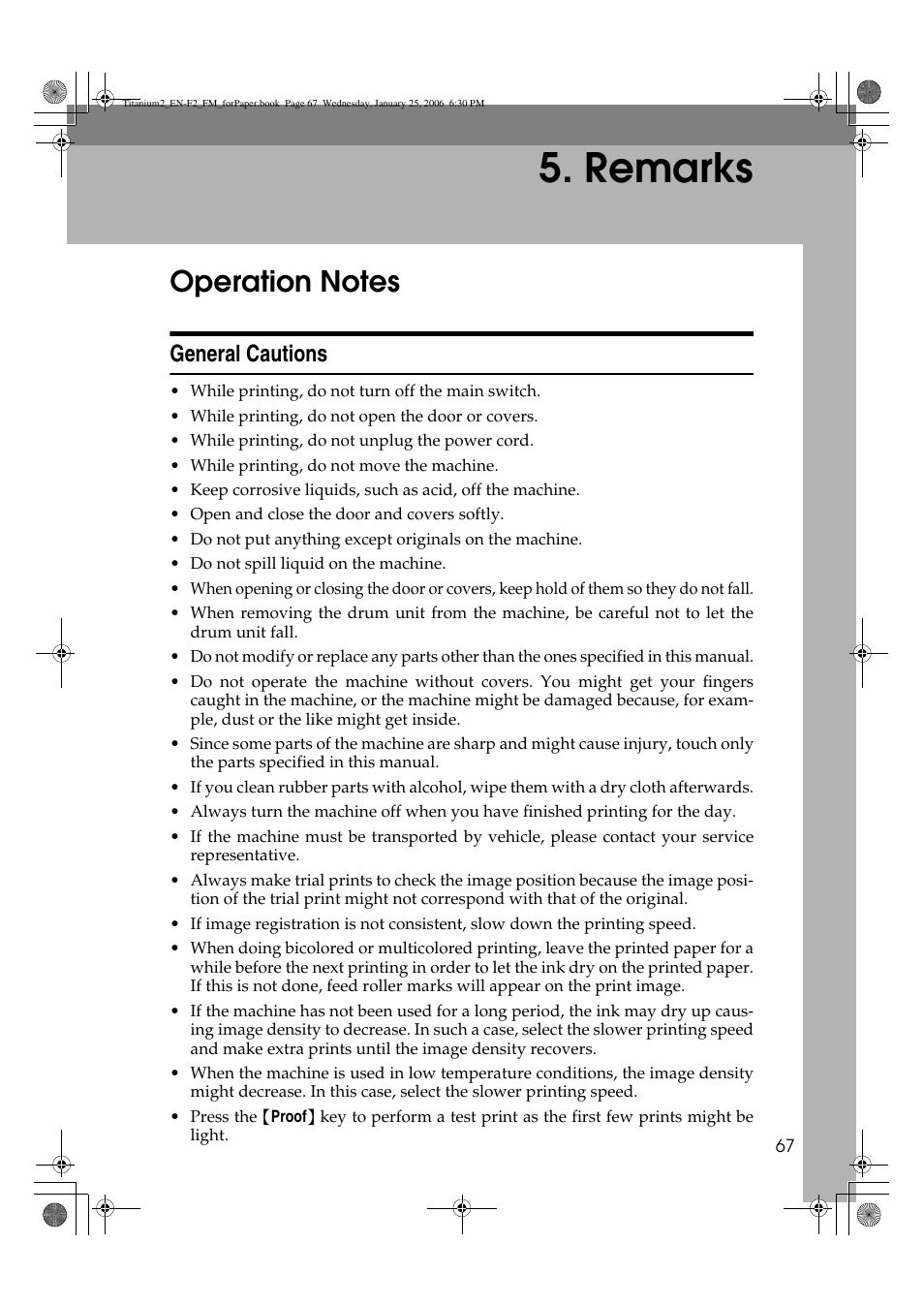 Remarks, Operation notes, General cautions | Ricoh PRIPORT JP730 User Manual | Page 155 / 171