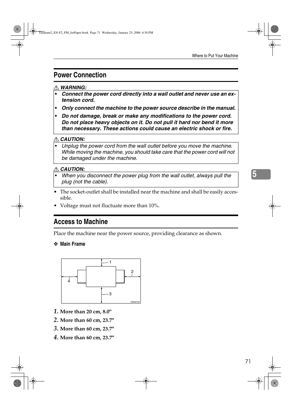 Power connection, Access to machine | Ricoh PRIPORT JP730 User Manual | Page 159 / 171