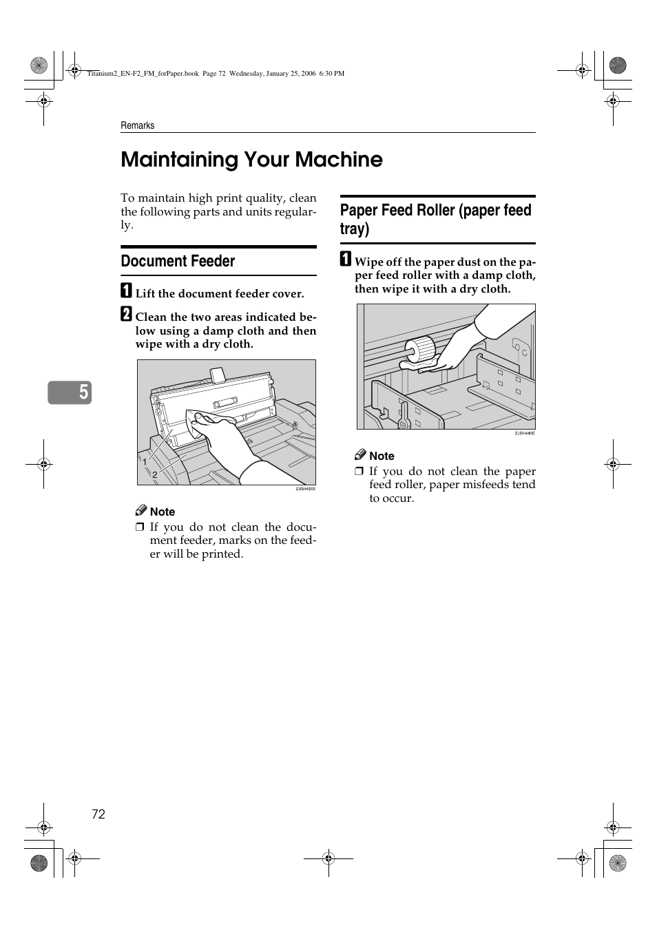 Maintaining your machine, Document feeder, Paper feed roller (paper feed tray) | 5maintaining your machine | Ricoh PRIPORT JP730 User Manual | Page 160 / 171