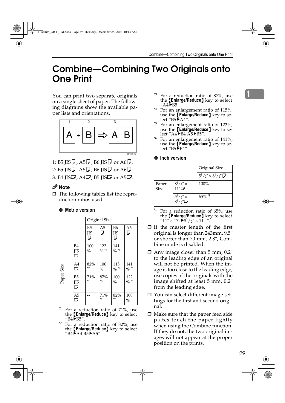 Combine—combining two originals onto one print, Ba a b, 1combine—combining two originals onto one print | Ricoh PRIPORT JP730 User Manual | Page 35 / 171