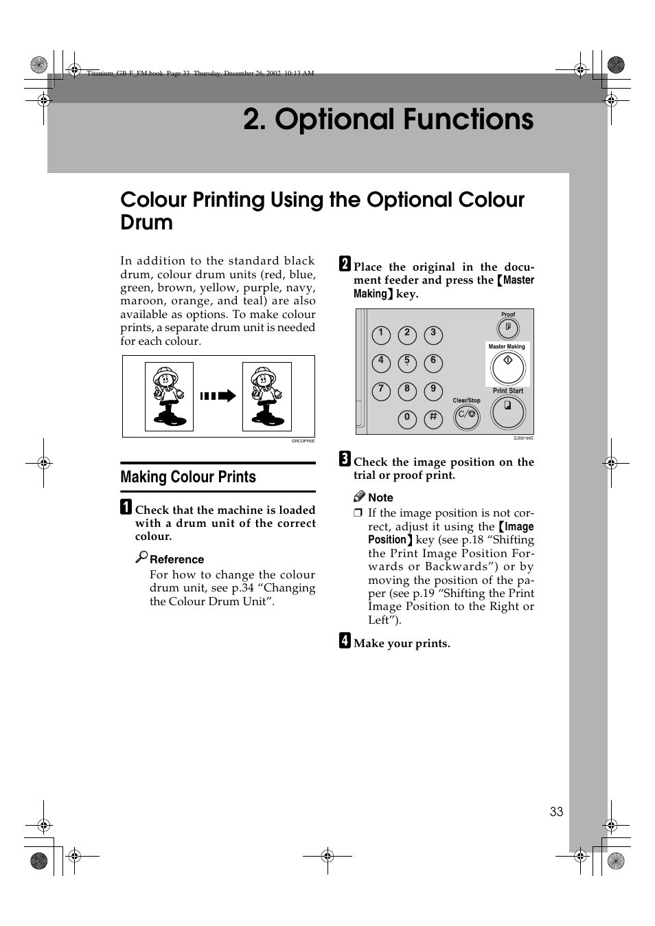 Optional functions, Colour printing using the optional colour drum, Making colour prints | Ricoh PRIPORT JP730 User Manual | Page 39 / 171