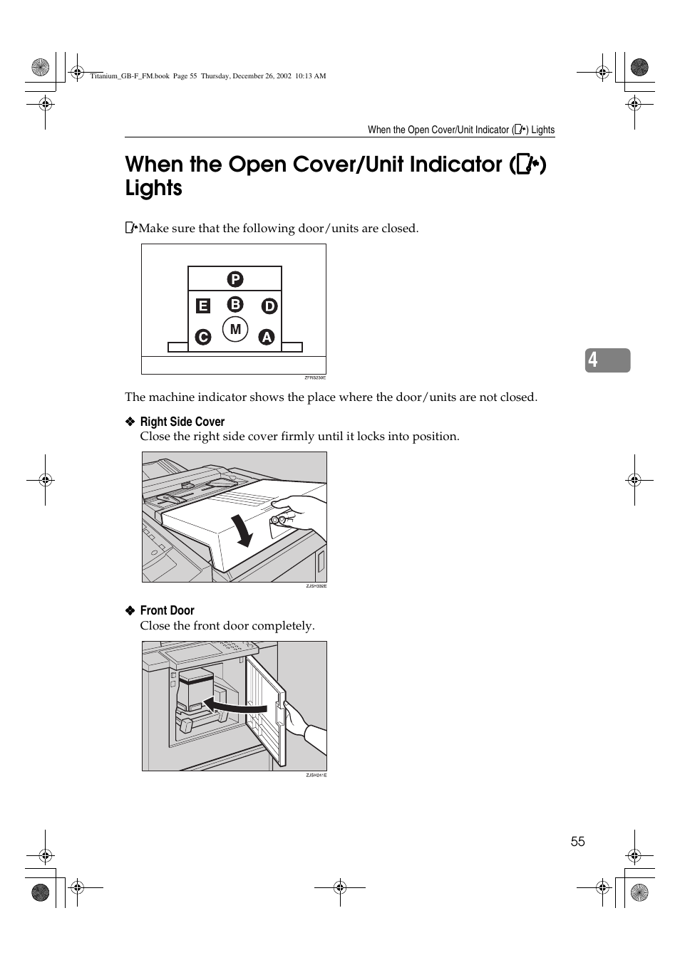 When the open cover/unit indicator, Lights | Ricoh PRIPORT JP730 User Manual | Page 61 / 171