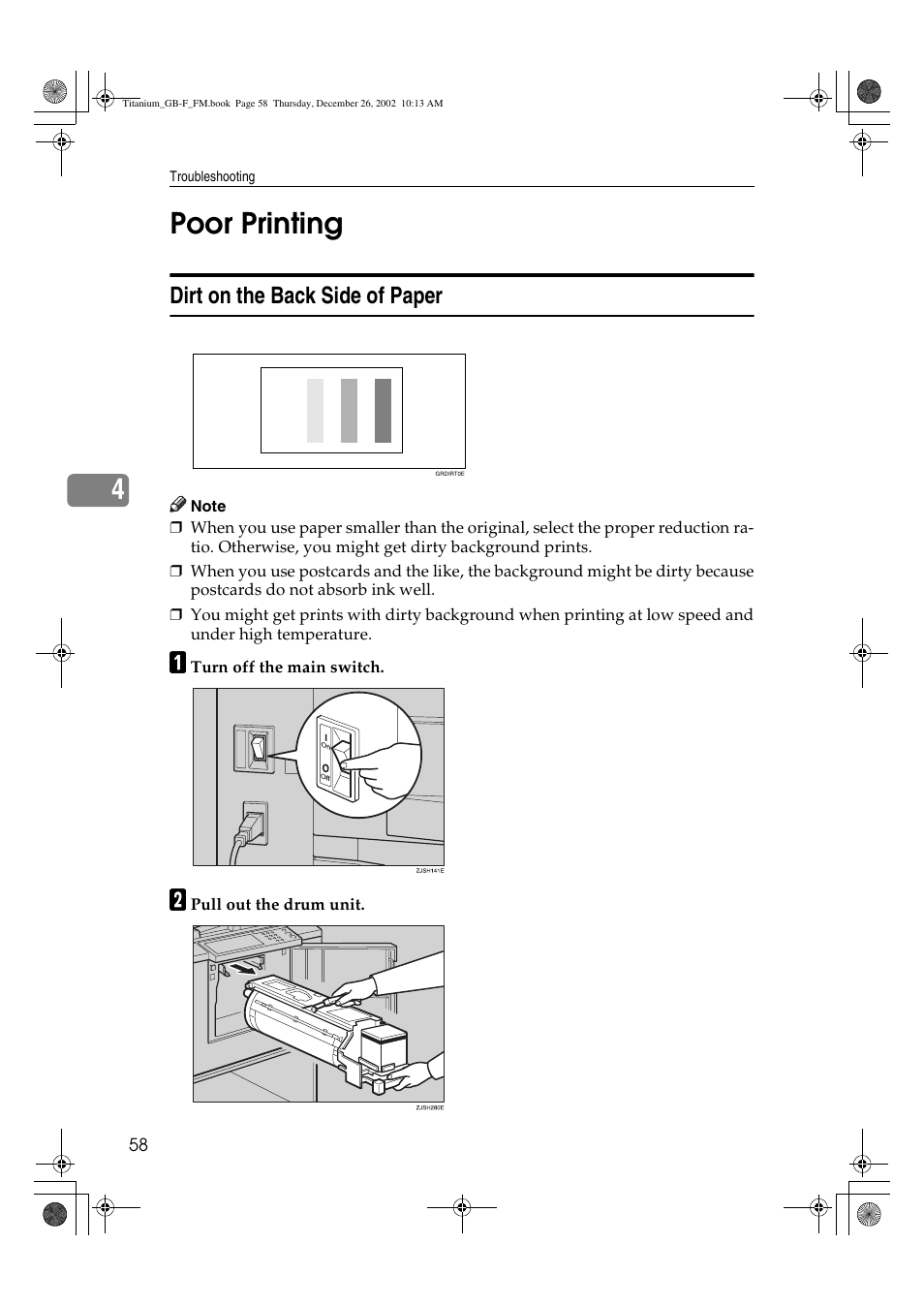 Poor printing, 4poor printing, Dirt on the back side of paper | Ricoh PRIPORT JP730 User Manual | Page 64 / 171