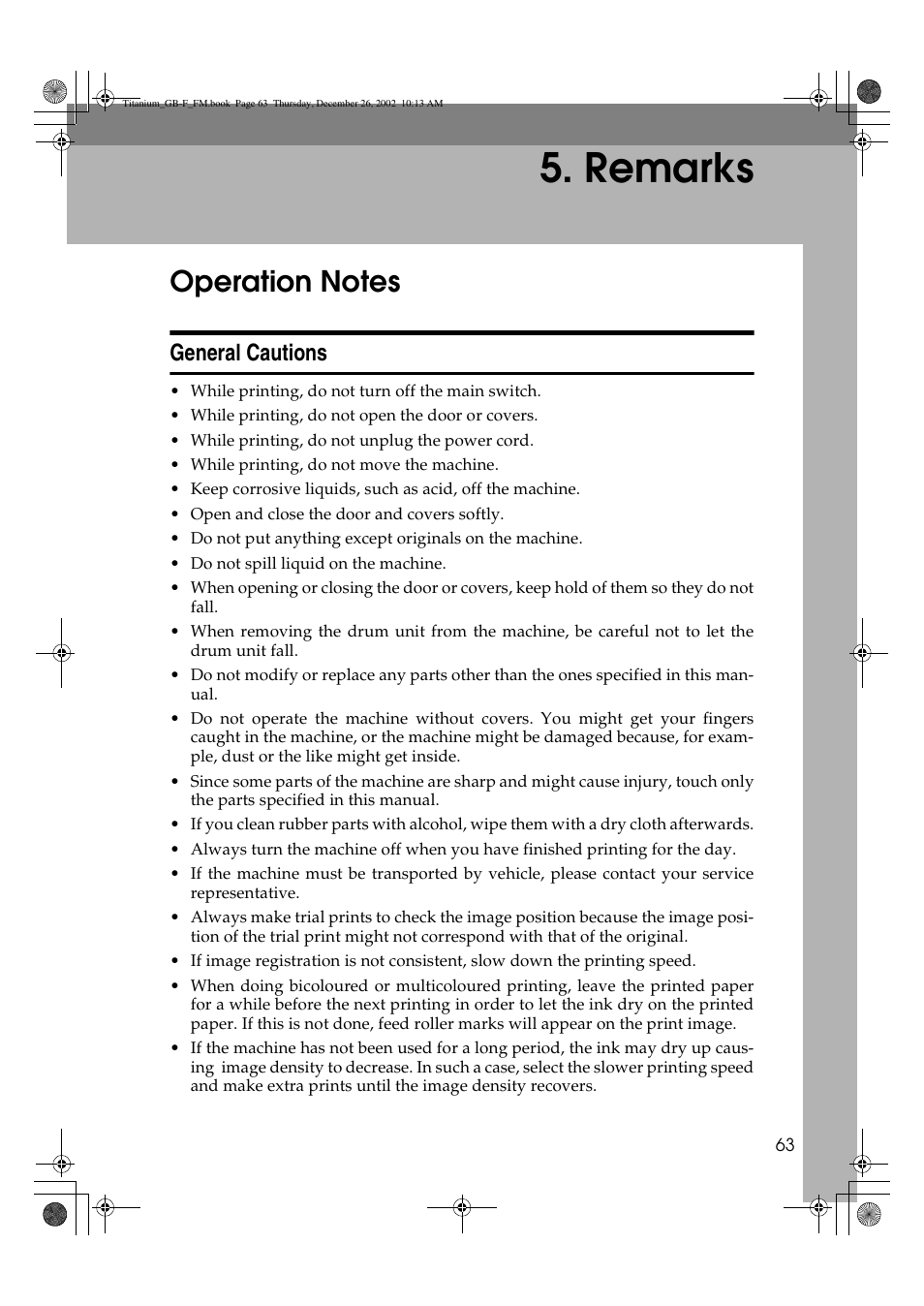 Remarks, Operation notes, General cautions | Ricoh PRIPORT JP730 User Manual | Page 69 / 171