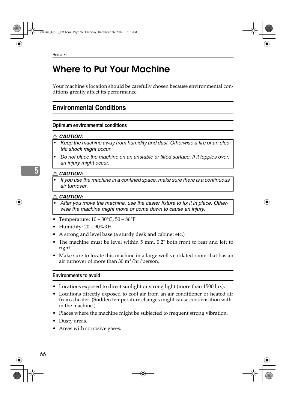 Where to put your machine, 5where to put your machine, Environmental conditions | Ricoh PRIPORT JP730 User Manual | Page 72 / 171