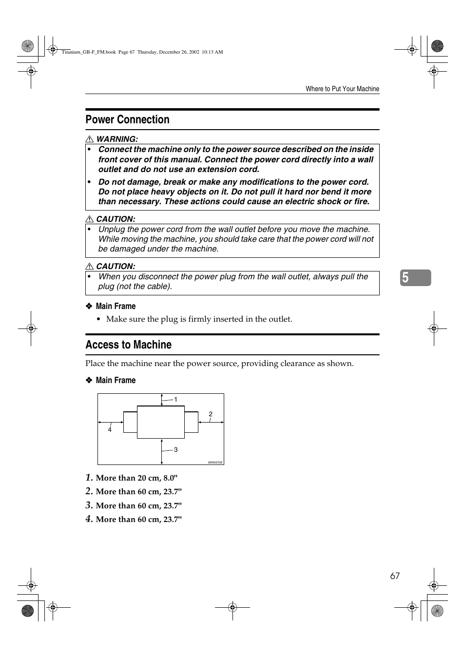 Power connection, Access to machine | Ricoh PRIPORT JP730 User Manual | Page 73 / 171