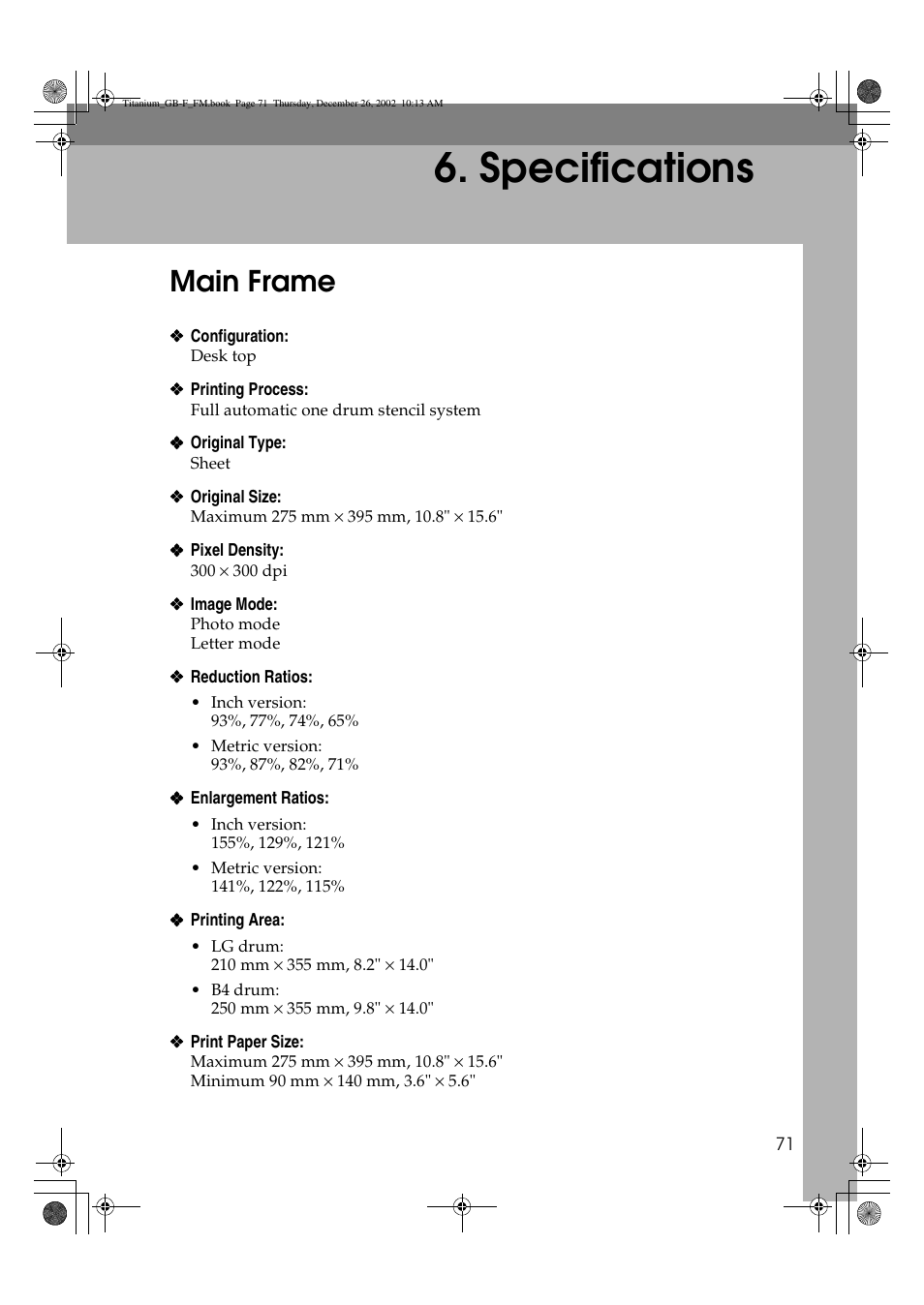 Specifications, Main frame | Ricoh PRIPORT JP730 User Manual | Page 77 / 171