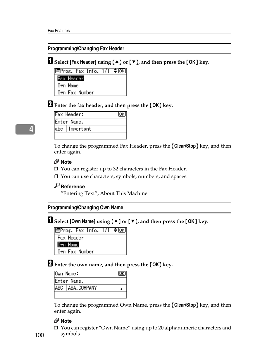 Programming/changing fax header, Programming/changing own name | Ricoh Aficio ISC 615G User Manual | Page 108 / 318