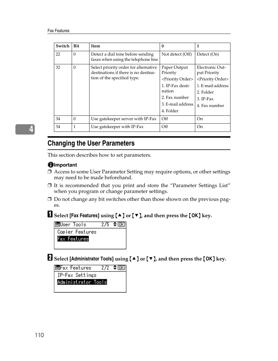 Changing the user parameters | Ricoh Aficio ISC 615G User Manual | Page 118 / 318