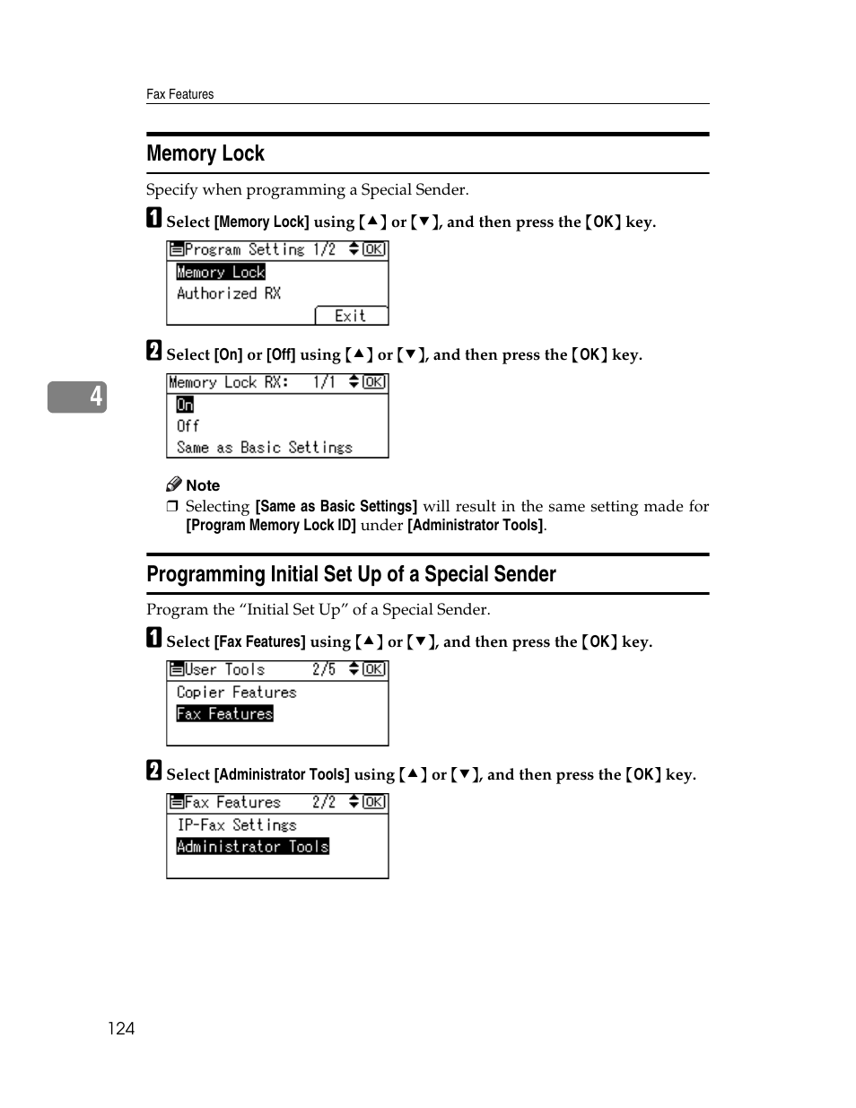 Memory lock, Programming initial set up of a special sender, P.124 “memory lock | Ricoh Aficio ISC 615G User Manual | Page 132 / 318