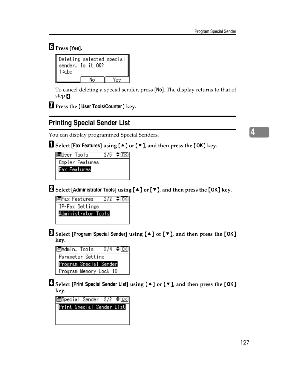 Printing special sender list | Ricoh Aficio ISC 615G User Manual | Page 135 / 318
