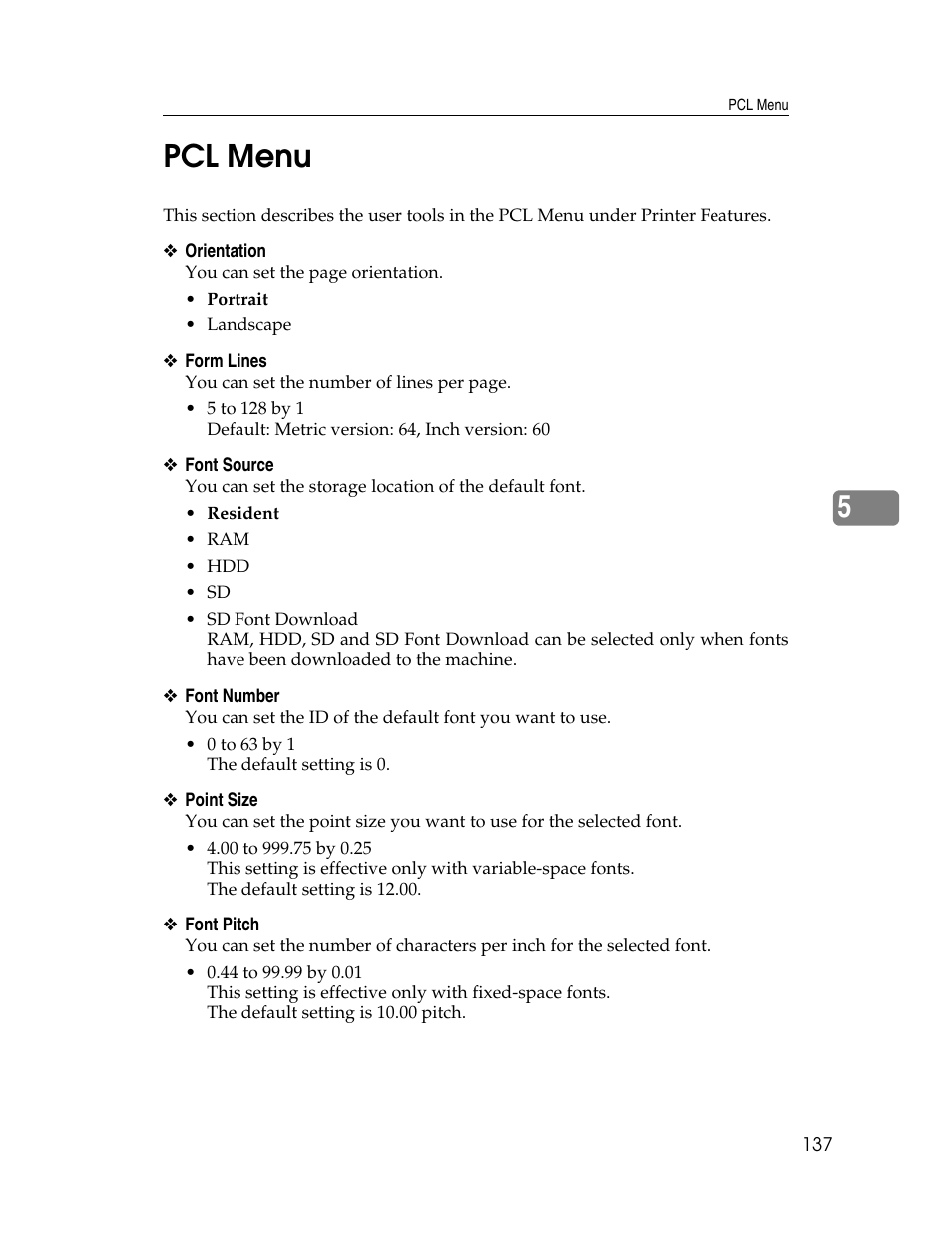 Pcl menu, 5pcl menu | Ricoh Aficio ISC 615G User Manual | Page 145 / 318