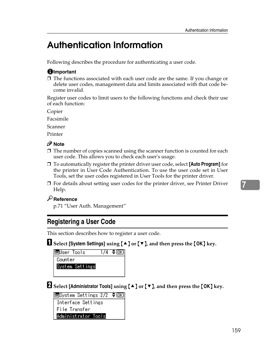 Authentication information, Registering a user code, 7authentication information | Ricoh Aficio ISC 615G User Manual | Page 167 / 318