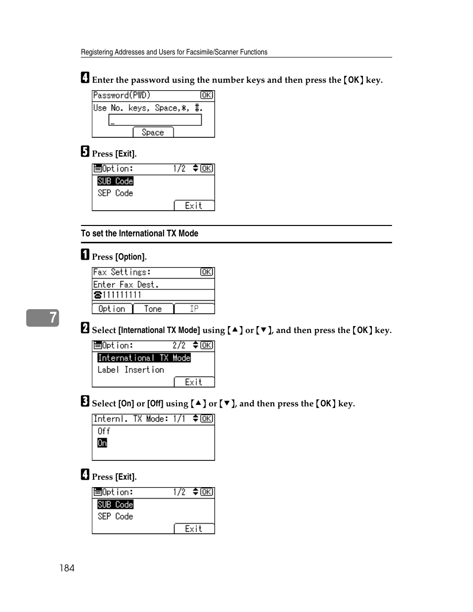 To set the international tx mode, P.184 “to set the international tx mode | Ricoh Aficio ISC 615G User Manual | Page 192 / 318
