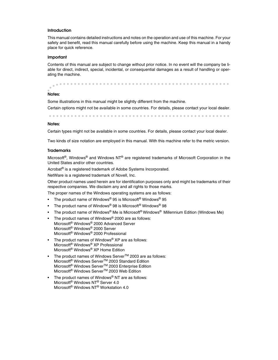 Introduction, Important, Notes | Trademarks | Ricoh Aficio ISC 615G User Manual | Page 2 / 318