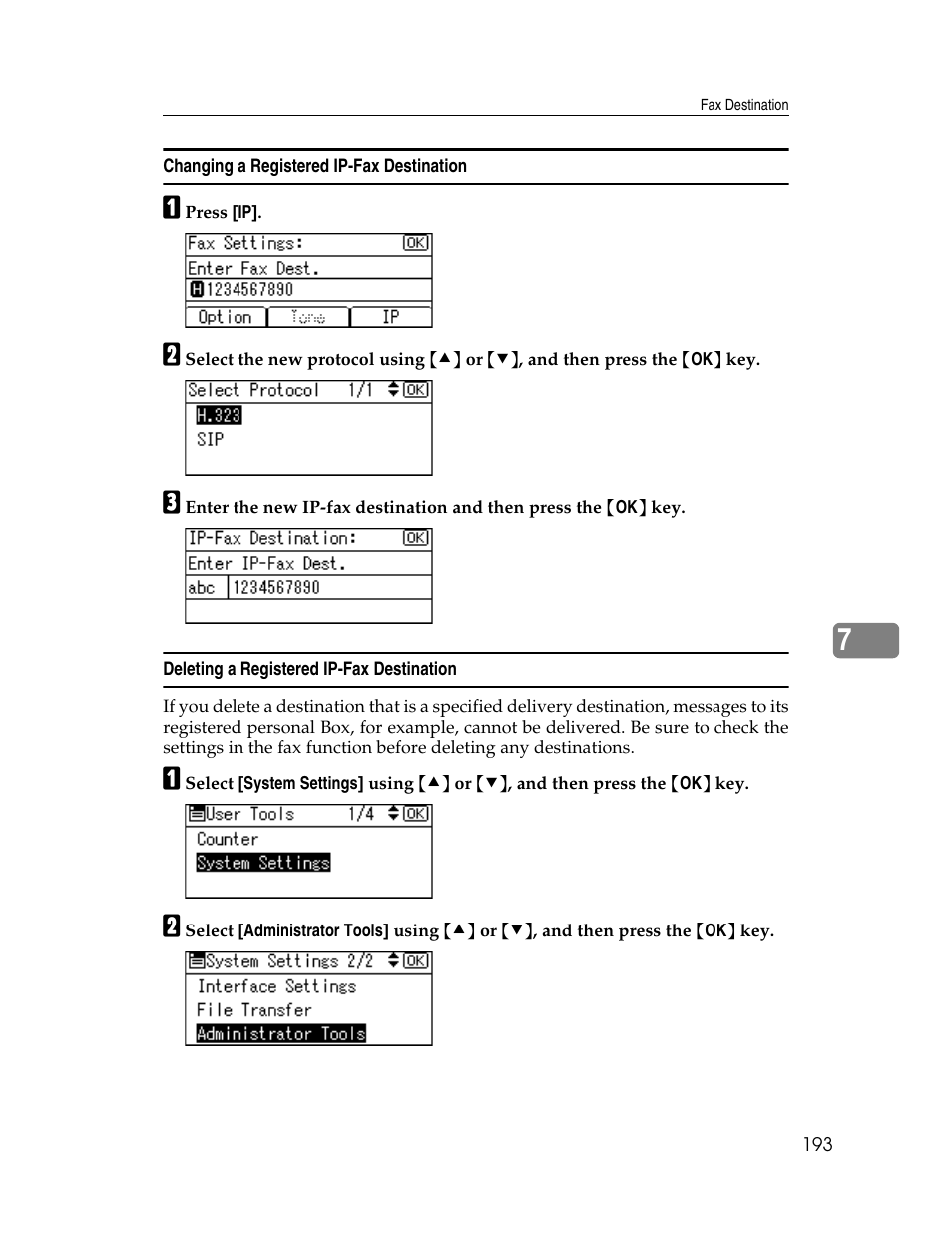 Changing a registered ip-fax destination, Deleting a registered ip-fax destination | Ricoh Aficio ISC 615G User Manual | Page 201 / 318