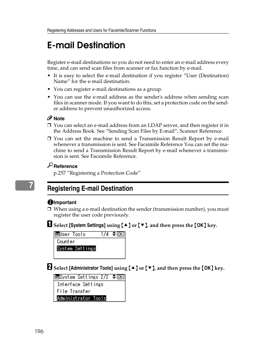 E-mail destination, Registering e-mail destination, 7e-mail destination | Ricoh Aficio ISC 615G User Manual | Page 204 / 318
