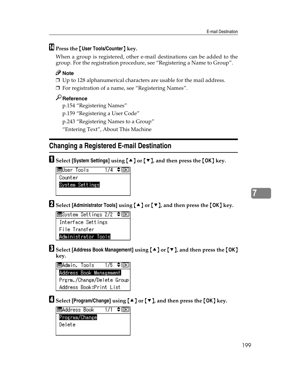 Changing a registered e-mail destination | Ricoh Aficio ISC 615G User Manual | Page 207 / 318