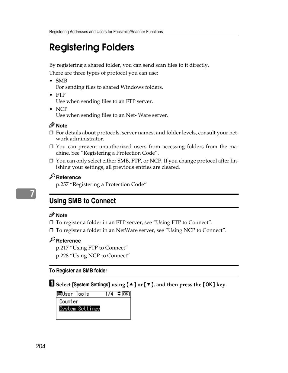 Registering folders, Using smb to connect, To register an smb folder | P.204 “registering folders, 7registering folders | Ricoh Aficio ISC 615G User Manual | Page 212 / 318