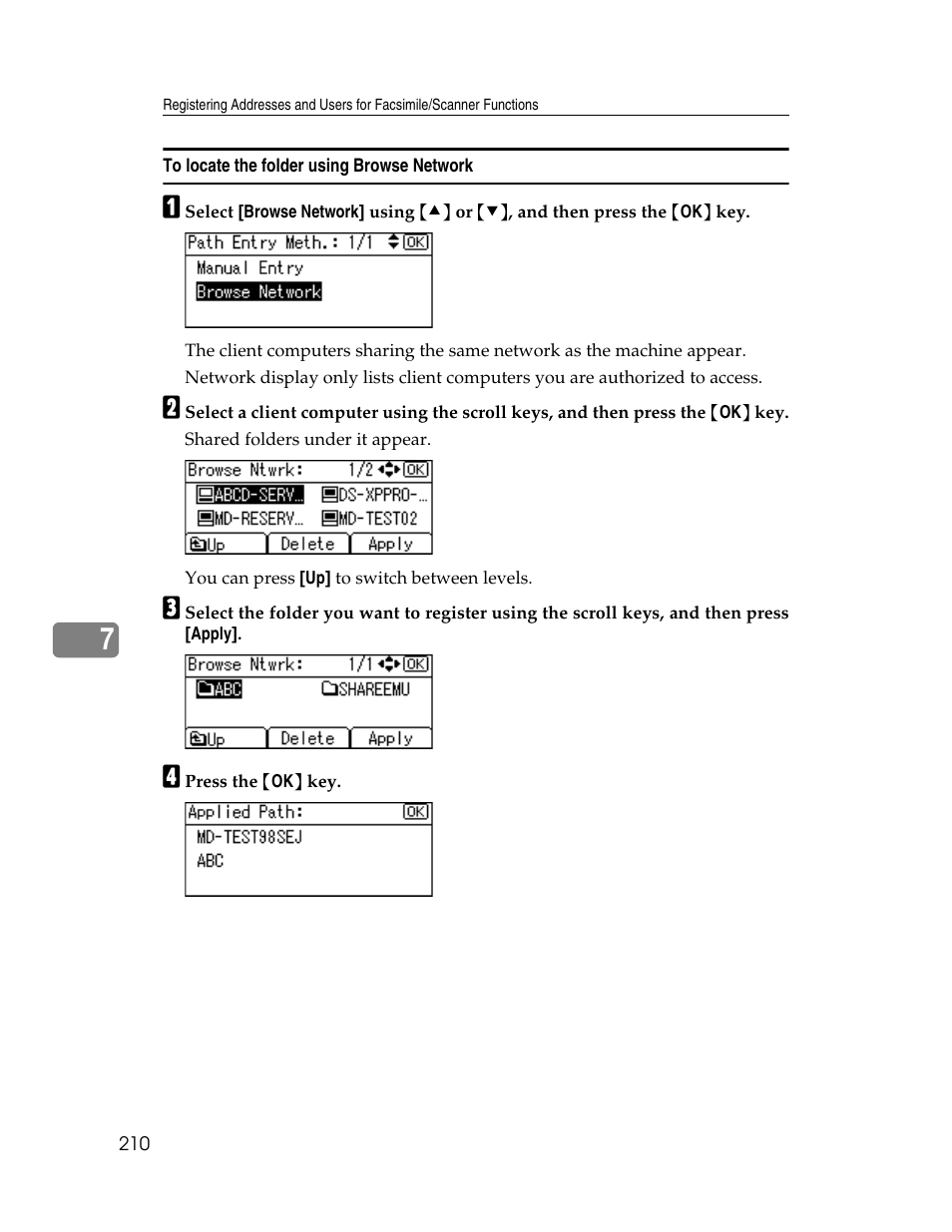 To locate the folder using browse network, P.210 “to locate the folder using browse network | Ricoh Aficio ISC 615G User Manual | Page 218 / 318