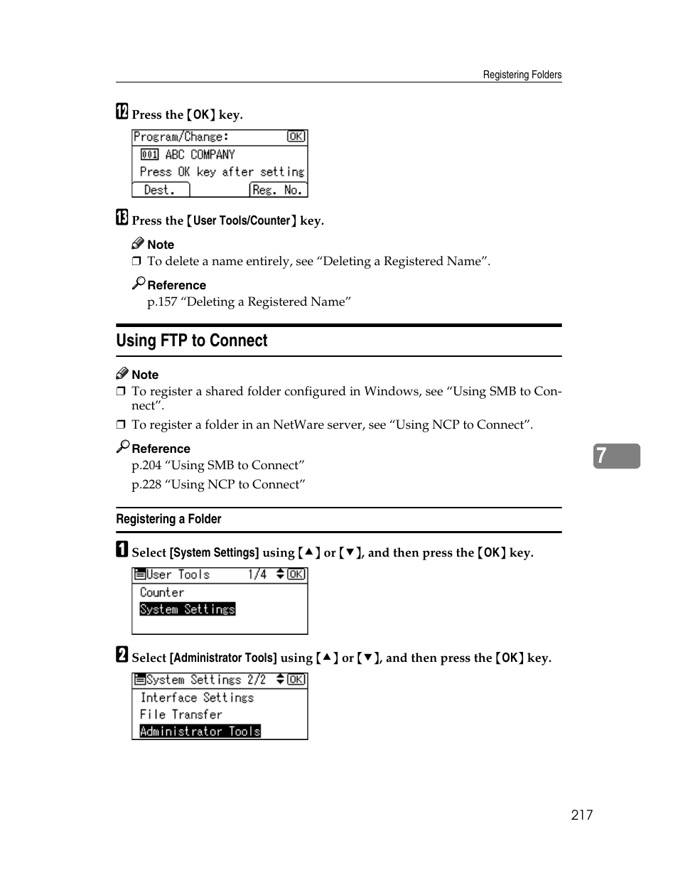 Using ftp to connect, Registering a folder, P.217 “registering a folder | Ricoh Aficio ISC 615G User Manual | Page 225 / 318