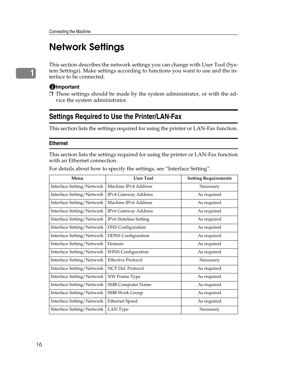 Network settings, Settings required to use the printer/lan-fax, Ethernet | 1network settings | Ricoh Aficio ISC 615G User Manual | Page 24 / 318