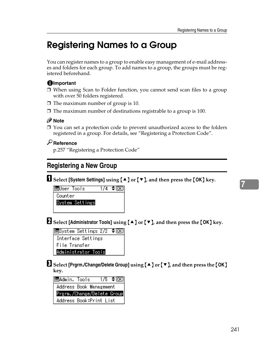 Registering names to a group, Registering a new group, 7registering names to a group | Ricoh Aficio ISC 615G User Manual | Page 249 / 318