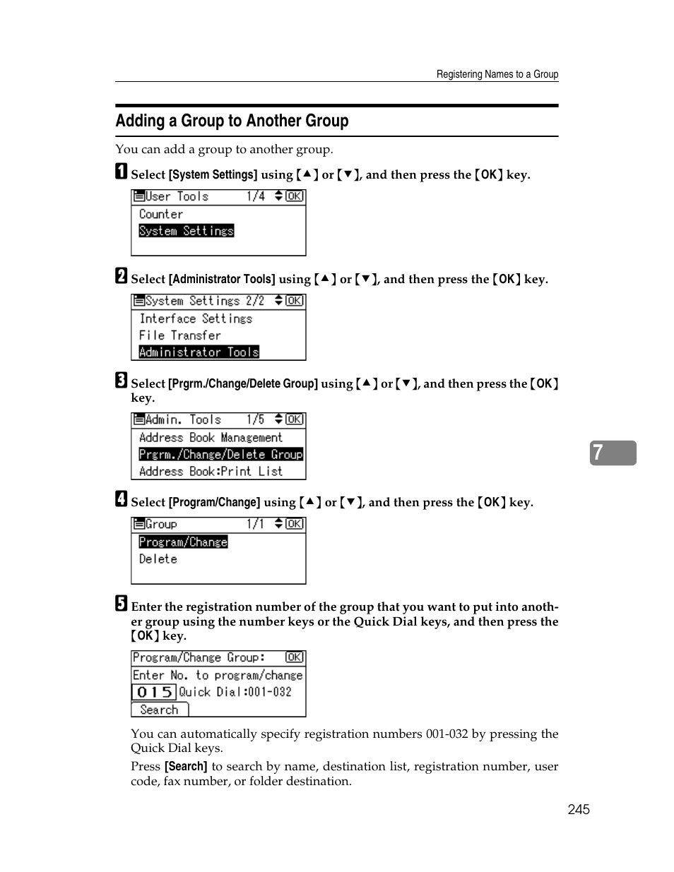 Adding a group to another group | Ricoh Aficio ISC 615G User Manual | Page 253 / 318