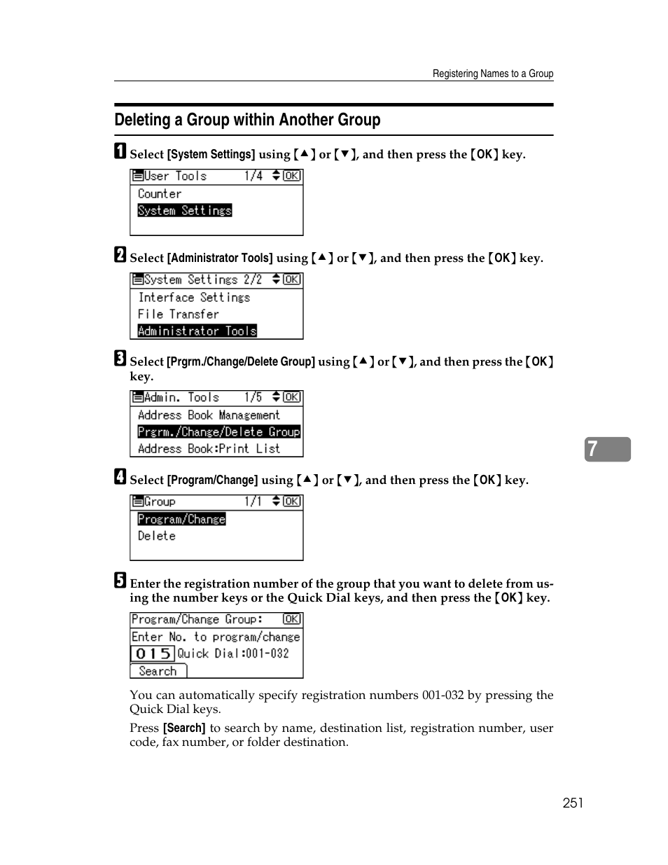 Deleting a group within another group | Ricoh Aficio ISC 615G User Manual | Page 259 / 318