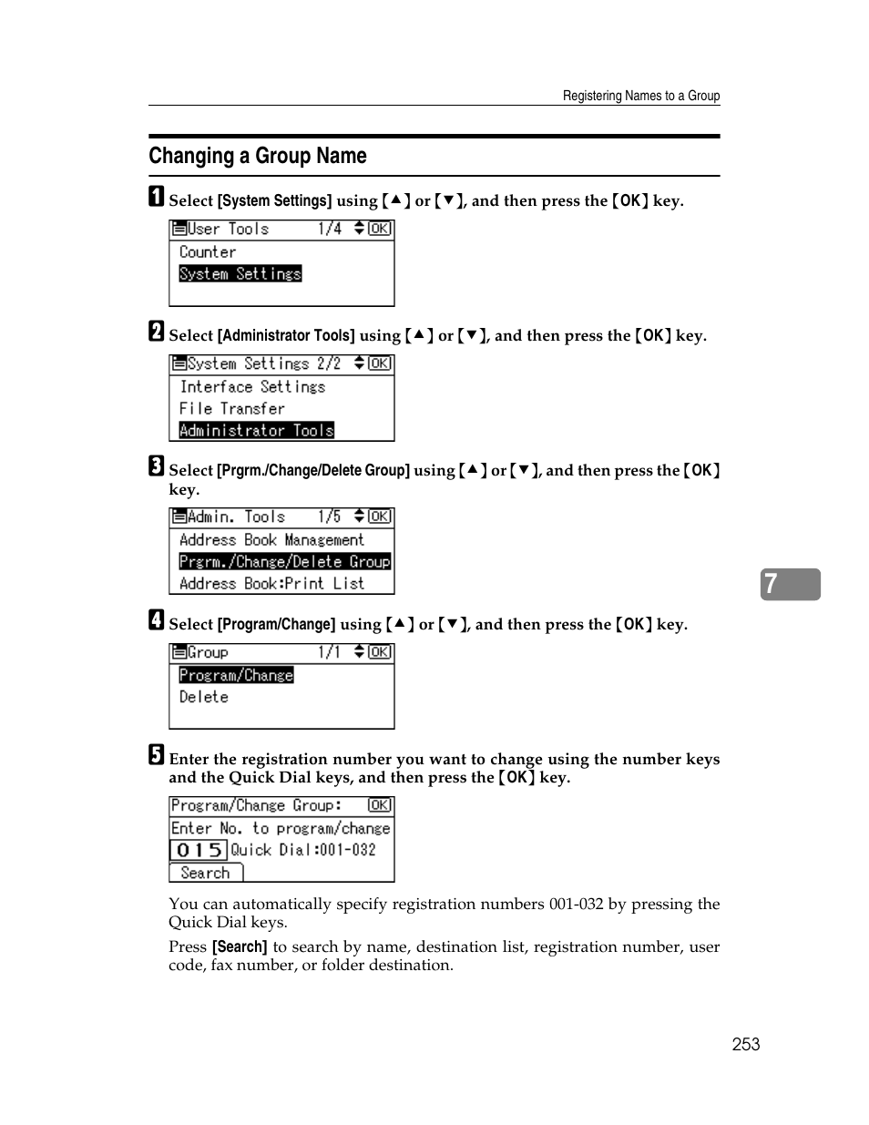 Changing a group name | Ricoh Aficio ISC 615G User Manual | Page 261 / 318