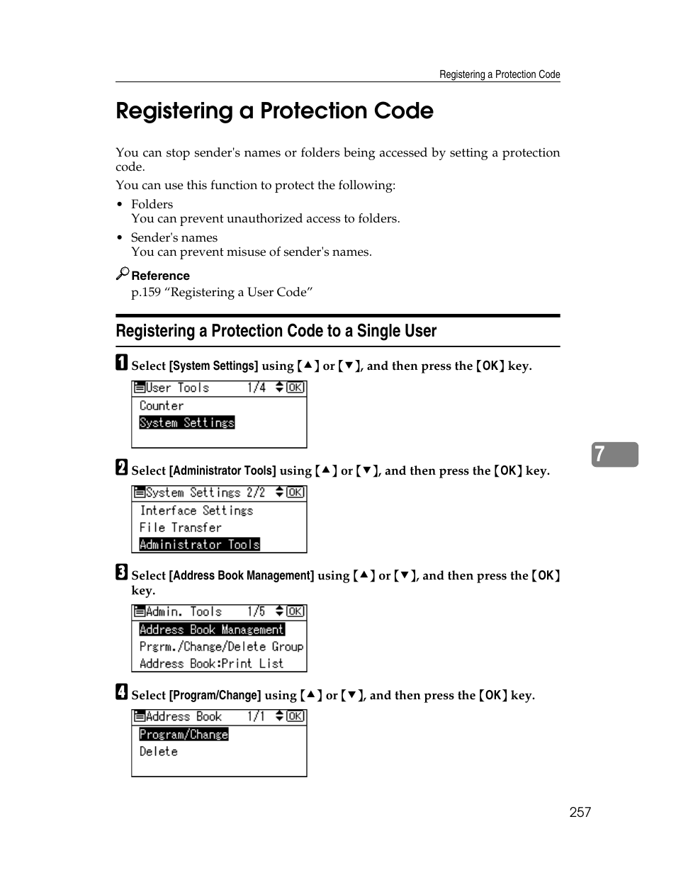 Registering a protection code, Registering a protection code to a single user, 7registering a protection code | Ricoh Aficio ISC 615G User Manual | Page 265 / 318