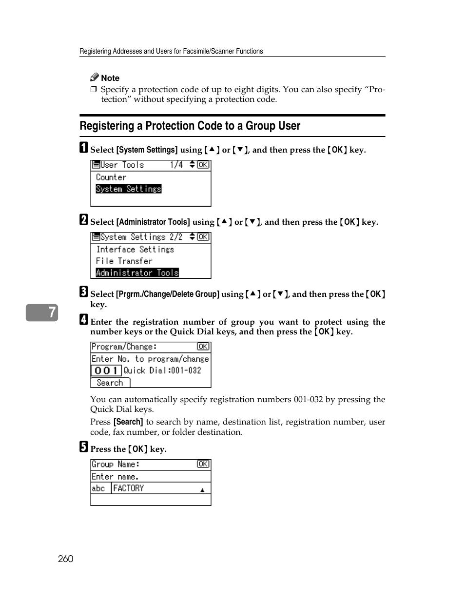 Registering a protection code to a group user | Ricoh Aficio ISC 615G User Manual | Page 268 / 318