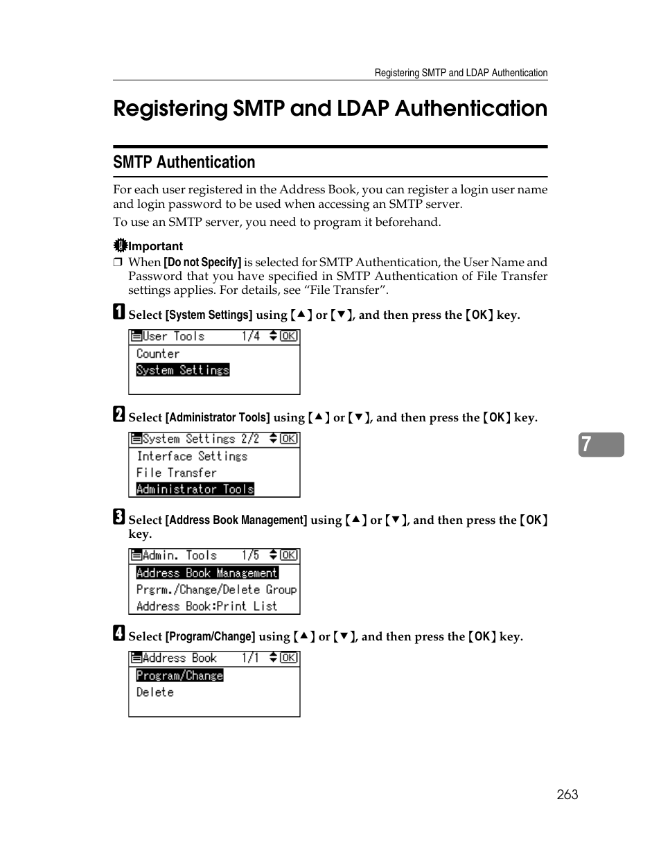 Registering smtp and ldap authentication, Smtp authentication, P.263 “smtp authentication | 7registering smtp and ldap authentication | Ricoh Aficio ISC 615G User Manual | Page 271 / 318